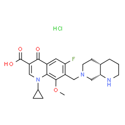 ChemSpider 2D Image | 1-Cyclopropyl-6-fluoro-8-methoxy-7-[(4aS,8aS)-octahydro-1,7-naphthyridin-7(1H)-ylmethyl]-4-oxo-1,4-dihydro-3-quinolinecarboxylic acid hydrochloride (1:1) | C23H29ClFN3O4