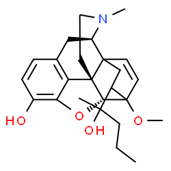 ChemSpider 2D Image | (5alpha)-18-(2-Hydroxy-2-pentanyl)-6-methoxy-17-methyl-7,8-didehydro-18,19-dihydro-4,5-epoxy-6,14-ethenomorphinan-3-ol | C25H33NO4