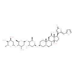 ChemSpider 2D Image | (3beta,5beta,12beta,21Z)-3-{[2,6-Dideoxy-beta-D-ribo-hexopyranosyl-(1->4)-2,6-dideoxy-beta-D-ribo-hexopyranosyl-(1->4)-2,6-dideoxy-beta-D-ribo-hexopyranosyl]oxy}-21-(2-furylmethylene)-12,14-dihydroxyc
ard-20(22)-enolide | C46H66O15