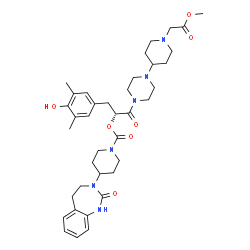 ChemSpider 2D Image | (2R)-3-(4-Hydroxy-3,5-dimethylphenyl)-1-{4-[1-(2-methoxy-2-oxoethyl)-4-piperidinyl]-1-piperazinyl}-1-oxo-2-propanyl 4-(2-oxo-1,2,4,5-tetrahydro-3H-1,3-benzodiazepin-3-yl)-1-piperidinecarboxylate | C38H52N6O7