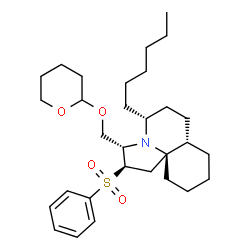 ChemSpider 2D Image | (2R,3S,5R,7aS,11aS)-5-Hexyl-2-(phenylsulfonyl)-3-[(tetrahydro-2H-pyran-2-yloxy)methyl]decahydro-1H-pyrrolo[2,1-j]quinoline | C30H47NO4S