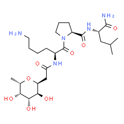 ChemSpider 2D Image | (2s)-1-[(2s)-6-Amino-2-({[(2s,3s,4r,5s,6s)-3,4,5-Trihydroxy-6-Methyltetrahydro-2h-Pyran-2-Yl]acetyl}amino)hexanoyl]-N-[(1s)-1-Carbamoyl-3-Methylbutyl]pyrrolidine-2-Carboxamide | C25H45N5O8