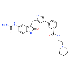 ChemSpider 2D Image | 3-(5-{[5-(Carbamoylamino)-2-oxo-2H-indol-3-yl]methyl}-1H-pyrrol-3-yl)-N-[2-(1-piperidinyl)ethyl]benzamide | C28H30N6O3