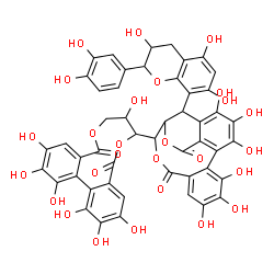 ChemSpider 2D Image | 19-[2-(3,4-Dihydroxyphenyl)-3,5,7-trihydroxy-3,4-dihydro-2H-chromen-8-yl]-14-(1,2,3,8,13,14,15-heptahydroxy-5,11-dioxo-5,8,9,11-tetrahydro-7H-dibenzo[g,i][1,5]dioxacycloundecin-7-yl)-2,3,4,7,8,9-hexah
ydroxy-13,16-dioxatetracyclo[13.3.1.0~5,18~.0~6,11~]nonadeca-1(18),2,4,6,8,10-hexaene-12,17-dione | C49H36O27
