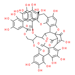 ChemSpider 2D Image | (44S,45R)-45-(3,4-Dihydroxyphenyl)-7,8,9,12,13,14,25,26,27,30,31,32,35,41,44-pentadecahydroxy-3,18,21,38,46,51,54-heptaoxadodecacyclo[27.21.3.3~34,50~.0~2,20~.0~5,10~.0~11,16~.0~23,28~.0~33,53~.0~37,4
9~.0~37,56~.0~39,48~.0~42,47~]hexapentaconta-5,7,9,11,13,15,23,25,27,29(53),30,32,34,39,41,47-hexadecaene-4,17,22,36,52,55-hexone | C55H36O30