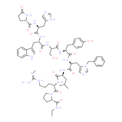 ChemSpider 2D Image | 5-Oxo-L-prolyl-L-histidyl-L-tryptophyl-L-seryl-L-tyrosyl-3-benzyl-L-histidyl-L-leucyl-L-arginyl-N-ethyl-L-prolinamide | C66H86N18O12