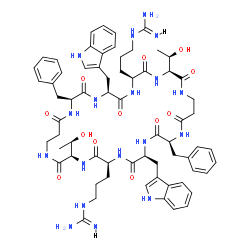 ChemSpider 2D Image | 1,1'-{[(3R,6S,9S,12S,19S,22S,25S,28S)-12,28-Dibenzyl-3,19-bis[(1R)-1-hydroxyethyl]-9,25-bis(1H-indol-3-ylmethyl)-2,5,8,11,14,18,21,24,27,30-decaoxo-1,4,7,10,13,17,20,23,26,29-decaazacyclodotriacontane
-6,22-diyl]di-3,1-propanediyl}diguanidine | C66H86N18O12