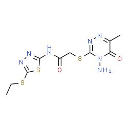 ChemSpider 2D Image | 2-[(4-Amino-6-methyl-5-oxo-4,5-dihydro-1,2,4-triazin-3-yl)sulfanyl]-N-[5-(ethylsulfanyl)-1,3,4-thiadiazol-2-yl]acetamide | C10H13N7O2S3