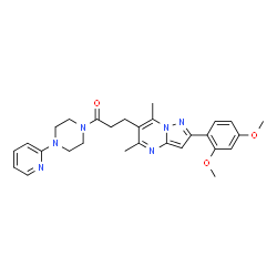 ChemSpider 2D Image | 3-[2-(2,4-Dimethoxyphenyl)-5,7-dimethylpyrazolo[1,5-a]pyrimidin-6-yl]-1-[4-(2-pyridinyl)-1-piperazinyl]-1-propanone | C28H32N6O3