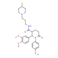 ChemSpider 2D Image | 2-(3,4-Dimethoxyphenyl)-1-(4-methoxyphenyl)-N-[3-(4-methyl-1-piperidinyl)propyl]-6-oxo-3-piperidinecarboxamide | C30H41N3O5