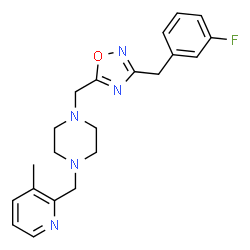 ChemSpider 2D Image | 1-{[3-(3-Fluorobenzyl)-1,2,4-oxadiazol-5-yl]methyl}-4-[(3-methyl-2-pyridinyl)methyl]piperazine | C21H24FN5O