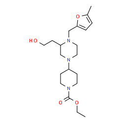 ChemSpider 2D Image | Ethyl 4-{3-(2-hydroxyethyl)-4-[(5-methyl-2-furyl)methyl]-1-piperazinyl}-1-piperidinecarboxylate | C20H33N3O4
