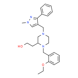 ChemSpider 2D Image | 2-{1-(2-Ethoxybenzyl)-4-[(1-methyl-3-phenyl-1H-pyrazol-4-yl)methyl]-2-piperazinyl}ethanol | C26H34N4O2