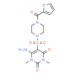 ChemSpider 2D Image | 6-Amino-5-{[4-(2-furoyl)-1-piperazinyl]sulfonyl}-1,3-dimethyl-2,4(1H,3H)-pyrimidinedione | C15H19N5O6S