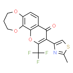 ChemSpider 2D Image | 9-(2-Methyl-1,3-thiazol-4-yl)-10-(trifluoromethyl)-3,4-dihydro-2H,8H-[1,4]dioxepino[2,3-h]chromen-8-one | C17H12F3NO4S
