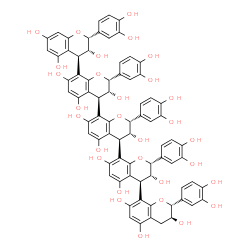 ChemSpider 2D Image | (2R,2'R,2''R,2'''R,2''''R,3R,3'R,3''R,3'''R,3''''S,4R,4'R,4''R,4'''S)-2,2',2'',2''',2''''-Pentakis(3,4-dihydroxyphenyl)-3,3',3'',3''',3'''',4,4',4'',4''',4''''-decahydro-2H,2'H,2''H,2'''H,2''''H-4,8':
4',8'':4'',8''':4''',8''''-quinquechromene-3,3',3'',3''',3'''',5,5',5'',5''',5'''',7,7',7'',7''',7''''-pentadecol | C75H62O30