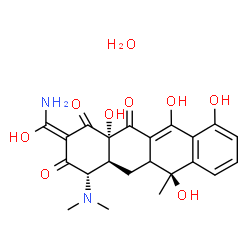 ChemSpider 2D Image | (2E,4S,4aS,6S,12aS)-2-[Amino(hydroxy)methylene]-4-(dimethylamino)-6,10,11,12a-tetrahydroxy-6-methyl-4a,5a,6,12a-tetrahydro-1,3,12(2H,4H,5H)-tetracenetrione hydrate (1:1) | C22H26N2O9