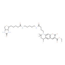 ChemSpider 2D Image | Ethyl 6,8,8-trimethyl-2-oxo-9-{4-oxo-4-[(5-{[5-(2-oxohexahydro-1H-thieno[3,4-d]imidazol-4-yl)pentanoyl]amino}pentyl)amino]butyl}-6,7,8,9-tetrahydro-2H-pyrano[3,2-g]quinoline-3-carboxylate | C37H53N5O7S