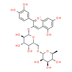 ChemSpider 2D Image | 2-(3,4-Dihydroxyphenyl)-5,7-dihydroxy-3-chromeniumyl 6-O-(6-deoxy-alpha-L-mannopyranosyl)-beta-D-galactopyranoside | C27H31O15