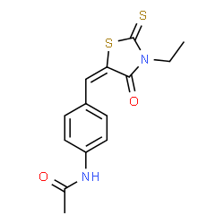ChemSpider 2D Image | N-{4-[(E)-(3-Ethyl-4-oxo-2-thioxo-1,3-thiazolidin-5-ylidene)methyl]phenyl}acetamide | C14H14N2O2S2