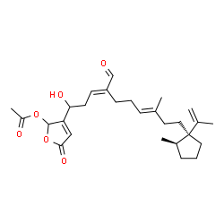 ChemSpider 2D Image | 3-{(3E,7E)-4-Formyl-1-hydroxy-10-[(1R,2R)-1-isopropenyl-2-methylcyclopentyl]-8-methyl-3,7-decadien-1-yl}-5-oxo-2,5-dihydro-2-furanyl acetate | C27H38O6