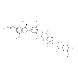 ChemSpider 2D Image | (2E)-3-[(2R,3S)-2-(4-{[1-(4-{[1,3-dihydroxy-1-(4-hydroxy-3-methoxyphenyl)propan-2-yl]oxy}-3-methoxyphenyl)-1,3-dihydroxypropan-2-yl]oxy}-3,5-dimethoxyphenyl)-3-(hydroxymethyl)-7-methoxy-2,3-dihydro-1-benzofuran-5-yl]prop-2-enal | C41H46O15