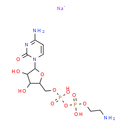 ChemSpider 2D Image | 2(1H)-Pyrimidinone, 4-amino-1-[5-O-[[[(2-aminoethoxy)hydroxyphosphinyl]oxy]hydroxyphosphinyl]pentofuranosyl]-, sodium salt (1:1) | C11H20N4NaO11P2