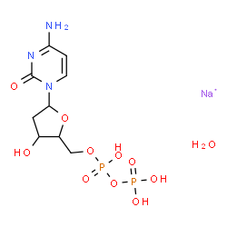 ChemSpider 2D Image | 2(1H)-Pyrimidinone, 4-amino-1-[2-deoxy-5-O-[hydroxy(phosphonooxy)phosphinyl]pentofuranosyl]-, sodium salt, hydrate (1:1:1) | C9H17N3NaO11P2