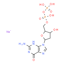 ChemSpider 2D Image | 6H-Purin-6-one, 2-amino-9-[2-deoxy-5-O-[hydroxy(phosphonooxy)phosphinyl]pentofuranosyl]-3,9-dihydro-, sodium salt (1:1) | C10H15N5NaO10P2