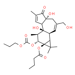 ChemSpider 2D Image | (1bS,4aR,7bS,8R,9R,9aS)-4a,7b-Dihydroxy-3-(hydroxymethyl)-1,1,6,8-tetramethyl-5-oxo-9-[(propoxycarbonyl)oxy]-1,1a,1b,4,4a,5,7a,7b,8,9-decahydro-9aH-cyclopropa[3,4]benzo[1,2-e]azulen-9a-yl butyrate | C28H40O9