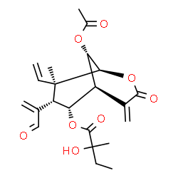 ChemSpider 2D Image | (1S,5S,6R,7S,8R,9S)-9-Acetoxy-8-methyl-4-methylene-3-oxo-7-(3-oxo-1-propen-2-yl)-8-vinyl-2-oxabicyclo[3.3.1]non-6-yl 2-hydroxy-2-methylbutanoate | C22H28O8