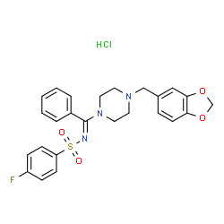 ChemSpider 2D Image | N-[(E)-[4-(1,3-Benzodioxol-5-ylmethyl)-1-piperazinyl](phenyl)methylene]-4-fluorobenzenesulfonamide hydrochloride (1:1) | C25H25ClFN3O4S