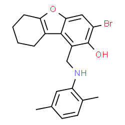ChemSpider 2D Image | 3-Bromo-1-{[(2,5-dimethylphenyl)amino]methyl}-6,7,8,9-tetrahydrodibenzo[b,d]furan-2-ol | C21H22BrNO2