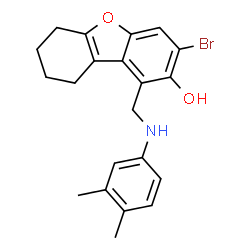 ChemSpider 2D Image | 3-Bromo-1-{[(3,4-dimethylphenyl)amino]methyl}-6,7,8,9-tetrahydrodibenzo[b,d]furan-2-ol | C21H22BrNO2