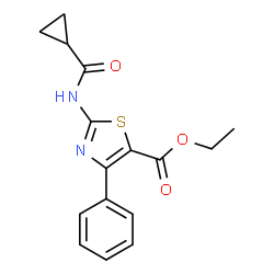 ChemSpider 2D Image | Ethyl 2-[(cyclopropylcarbonyl)amino]-4-phenyl-1,3-thiazole-5-carboxylate | C16H16N2O3S