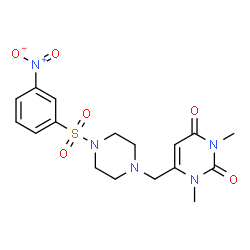 ChemSpider 2D Image | 1,3-Dimethyl-6-({4-[(3-nitrophenyl)sulfonyl]-1-piperazinyl}methyl)-2,4(1H,3H)-pyrimidinedione | C17H21N5O6S