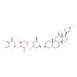ChemSpider 2D Image | (3beta,9xi,12beta)-3-{[2,6-Dideoxy-D-ribo-hexopyranosyl-(1->4)-(4xi)-2,6-dideoxy-D-erythro-hexopyranosyl-(1->4)-(4xi)-2,6-dideoxy-beta-D-erythro-hexopyranosyl]oxy}-12,14-dihydroxycard-20(22)-enolide | C41H64O14