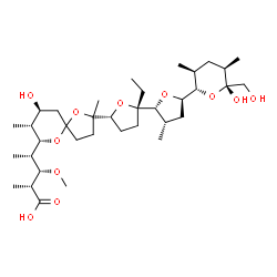 ChemSpider 2D Image | (2R,3S,4S)-4-[(7S,8R,9S)-2-{(2S,2'R,3'S,5R,5'R)-2-Ethyl-5'-[(2S,3S,5R,6R)-6-hydroxy-6-(hydroxymethyl)-3,5-dimethyltetrahydro-2H-pyran-2-yl]-3'-methyloctahydro-2,2'-bifuran-5-yl}-9-hydroxy-2,8-dimethyl
-1,6-dioxaspiro[4.5]dec-7-yl]-3-methoxy-2-methylpentanoic acid | C36H62O11