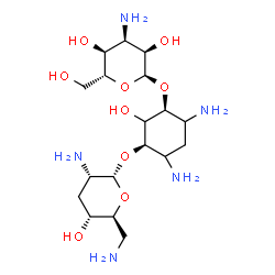 ChemSpider 2D Image | (1S,3R)-4,6-Diamino-3-[(2,6-diamino-2,3,6-trideoxy-alpha-L-ribo-hexopyranosyl)oxy]-2-hydroxycyclohexyl 3-amino-3-deoxy-alpha-D-allopyranoside | C18H37N5O9