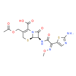 ChemSpider 2D Image | (6R,7R)-3-(Acetoxymethyl)-7-{[(2E)-2-(2-amino-1,3-thiazol-5-yl)-2-(methoxyimino)acetyl]amino}-8-oxo-5-thia-1-azabicyclo[4.2.0]oct-2-ene-2-carboxylic acid | C16H17N5O7S2