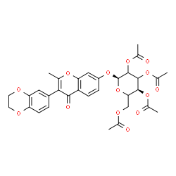 ChemSpider 2D Image | 3-(2,3-Dihydro-1,4-benzodioxin-6-yl)-2-methyl-4-oxo-4H-chromen-7-yl 2,3,4,6-tetra-O-acetyl-alpha-L-glycero-hexopyranoside | C32H32O14