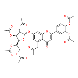 ChemSpider 2D Image | 4-{4-Oxo-5-(2-oxopropyl)-7-[(2,3,5,6-tetra-O-acetyl-alpha-L-glucofuranosyl)oxy]-4H-chromen-2-yl}-1,2-phenylene diacetate | C36H36O17