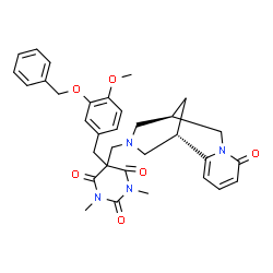 ChemSpider 2D Image | 5-[3-(Benzyloxy)-4-methoxybenzyl]-1,3-dimethyl-5-{[(1S,9R)-6-oxo-7,11-diazatricyclo[7.3.1.0~2,7~]trideca-2,4-dien-11-yl]methyl}-2,4,6(1H,3H,5H)-pyrimidinetrione | C33H36N4O6