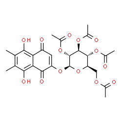 ChemSpider 2D Image | 5,8-Dihydroxy-6,7-dimethyl-1,4-dioxo-1,4-dihydro-2-naphthalenyl 2,3,4,6-tetra-O-acetyl-beta-D-glucopyranoside | C26H28O14