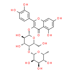 ChemSpider 2D Image | 2-(3,4-Dihydroxyphenyl)-5,7-dihydroxy-4-oxo-4H-chromen-3-yl 4-O-(6-deoxy-beta-D-gulopyranosyl)-beta-D-galactopyranoside | C27H30O16
