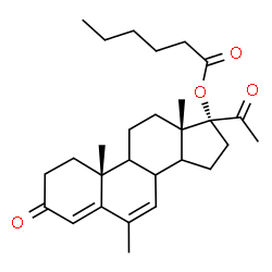 ChemSpider 2D Image | (8xi,9xi,14xi)-6-Methyl-3,20-dioxopregna-4,6-dien-17-yl hexanoate | C28H40O4