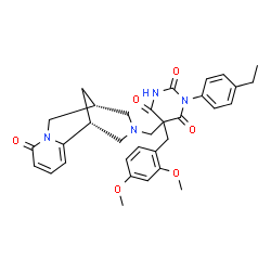 ChemSpider 2D Image | 5-(2,4-Dimethoxybenzyl)-1-(4-ethylphenyl)-5-{[(1R,9R)-6-oxo-7,11-diazatricyclo[7.3.1.0~2,7~]trideca-2,4-dien-11-yl]methyl}-2,4,6(1H,3H,5H)-pyrimidinetrione | C33H36N4O6