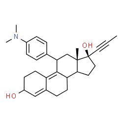 ChemSpider 2D Image | (13S,17S)-11-[4-(Dimethylamino)phenyl]-13-methyl-17-(1-propyn-1-yl)-2,3,6,7,8,11,12,13,14,15,16,17-dodecahydro-1H-cyclopenta[a]phenanthrene-3,17-diol | C29H37NO2