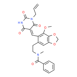 ChemSpider 2D Image | N-(2-{6-[(Z)-(1-Allyl-2,4,6-trioxotetrahydro-5(2H)-pyrimidinylidene)methyl]-7-methoxy-1,3-benzodioxol-5-yl}ethyl)-N-methylbenzamide | C26H25N3O7