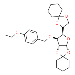ChemSpider 2D Image | (3a'R,5'R,6'S,6a'R)-5'-[(2R)-1,4-Dioxaspiro[4.5]dec-2-yl]-6'-[(4-ethoxybenzyl)oxy]tetrahydrospiro[cyclohexane-1,2'-furo[2,3-d][1,3]dioxole] | C27H38O7